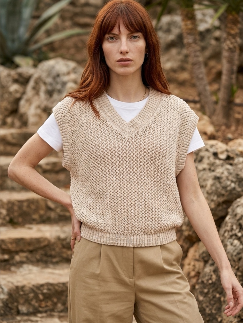 Joie Cream Knit V-Neck Sleeveless Sweater